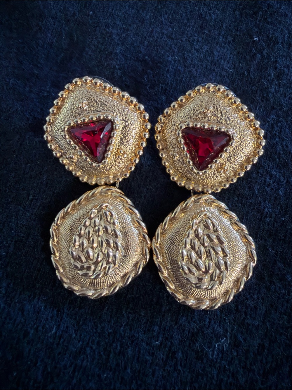 Vintage Swarovski S.A.L. Gold tone with red crystal dangle earrings